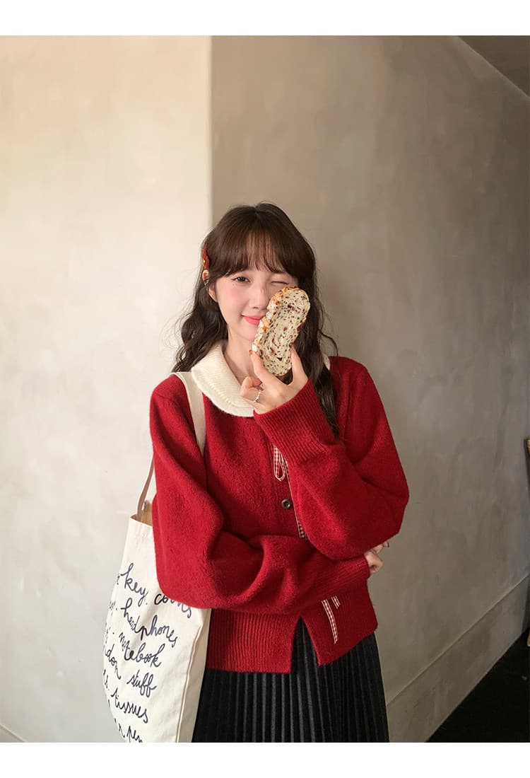 한국 스타일 연령 감소 홀로우 아웃 나비 매듭 니트 오픈 가디건 여성 의류 가을 겨울철 Chic chic 베이비 칼라 스웨터 상세 이미지 9