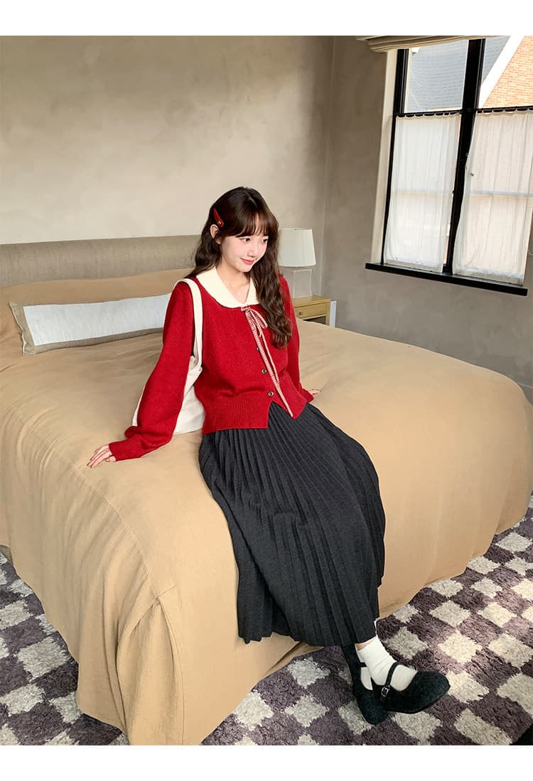 한국 스타일 연령 감소 홀로우 아웃 나비 매듭 니트 오픈 가디건 여성 의류 가을 겨울철 Chic chic 베이비 칼라 스웨터 상세 이미지 13