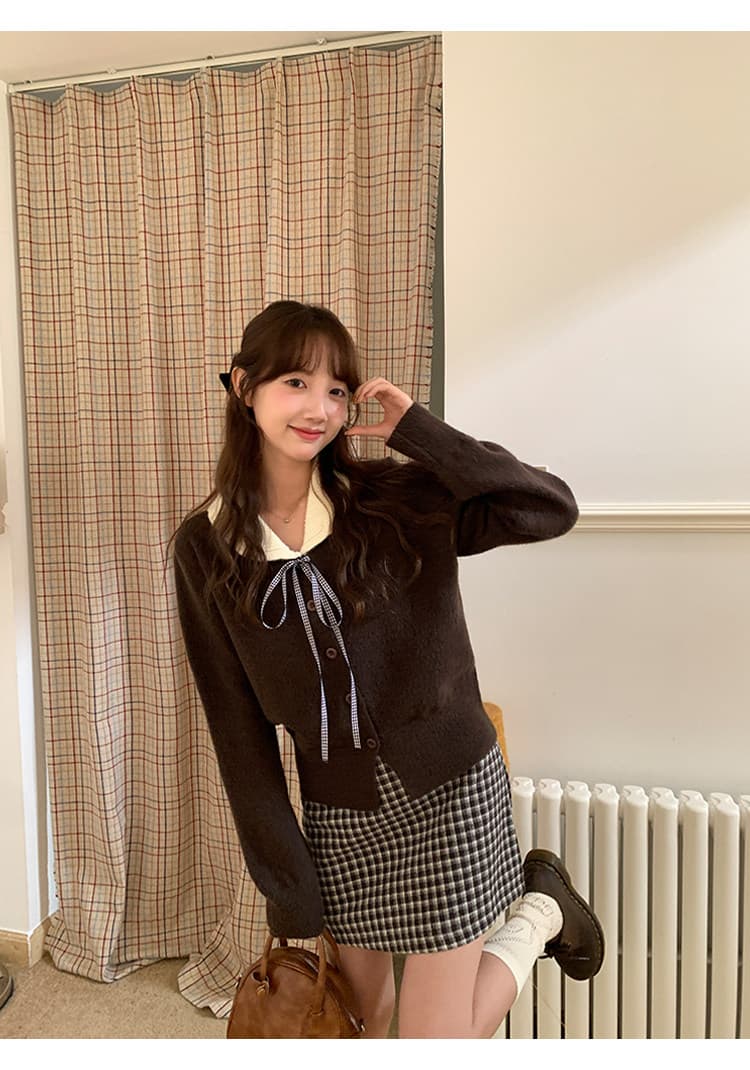 한국 스타일 연령 감소 홀로우 아웃 나비 매듭 니트 오픈 가디건 여성 의류 가을 겨울철 Chic chic 베이비 칼라 스웨터 상세 이미지 18