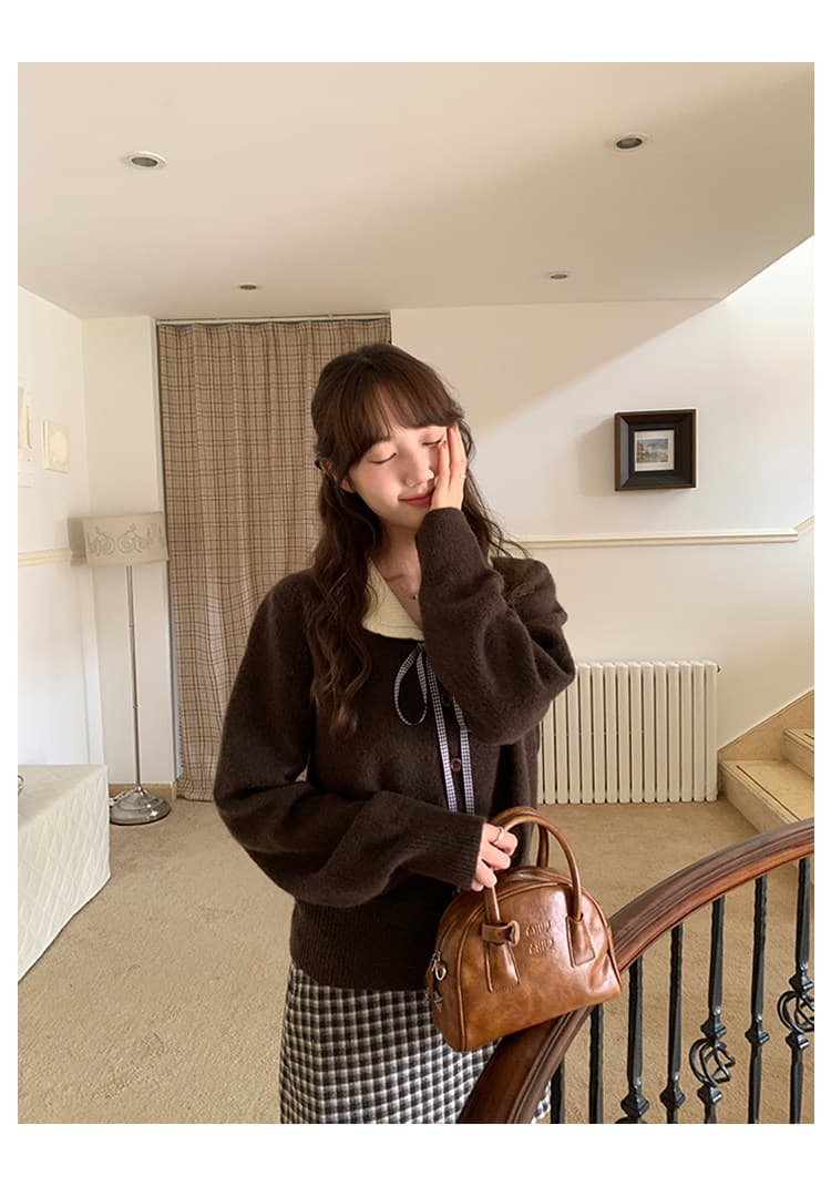 한국 스타일 연령 감소 홀로우 아웃 나비 매듭 니트 오픈 가디건 여성 의류 가을 겨울철 Chic chic 베이비 칼라 스웨터 상세 이미지 23