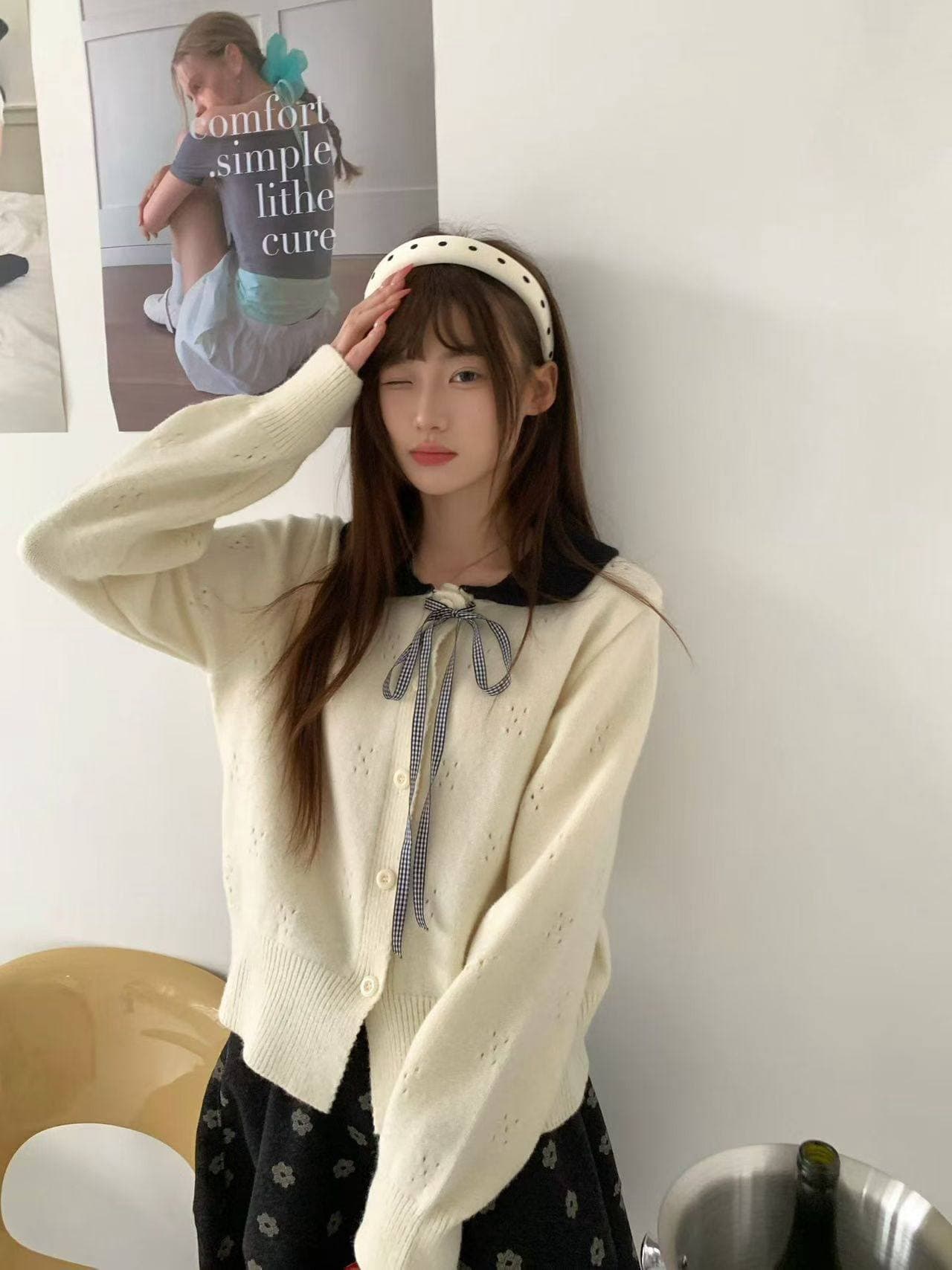 한국 스타일 연령 감소 홀로우 아웃 나비 매듭 니트 오픈 가디건 여성 의류 가을 겨울철 Chic chic 베이비 칼라 스웨터 상세 이미지 25