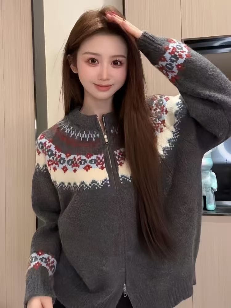 크리스마스 착용 가져 가라. 공정한 섬 자카드 빨간색 스웨터 여성 코트 겨울 한 부서 루즈핏 슬림해 보이는 지퍼 니트 오픈 가디건 이미지 3