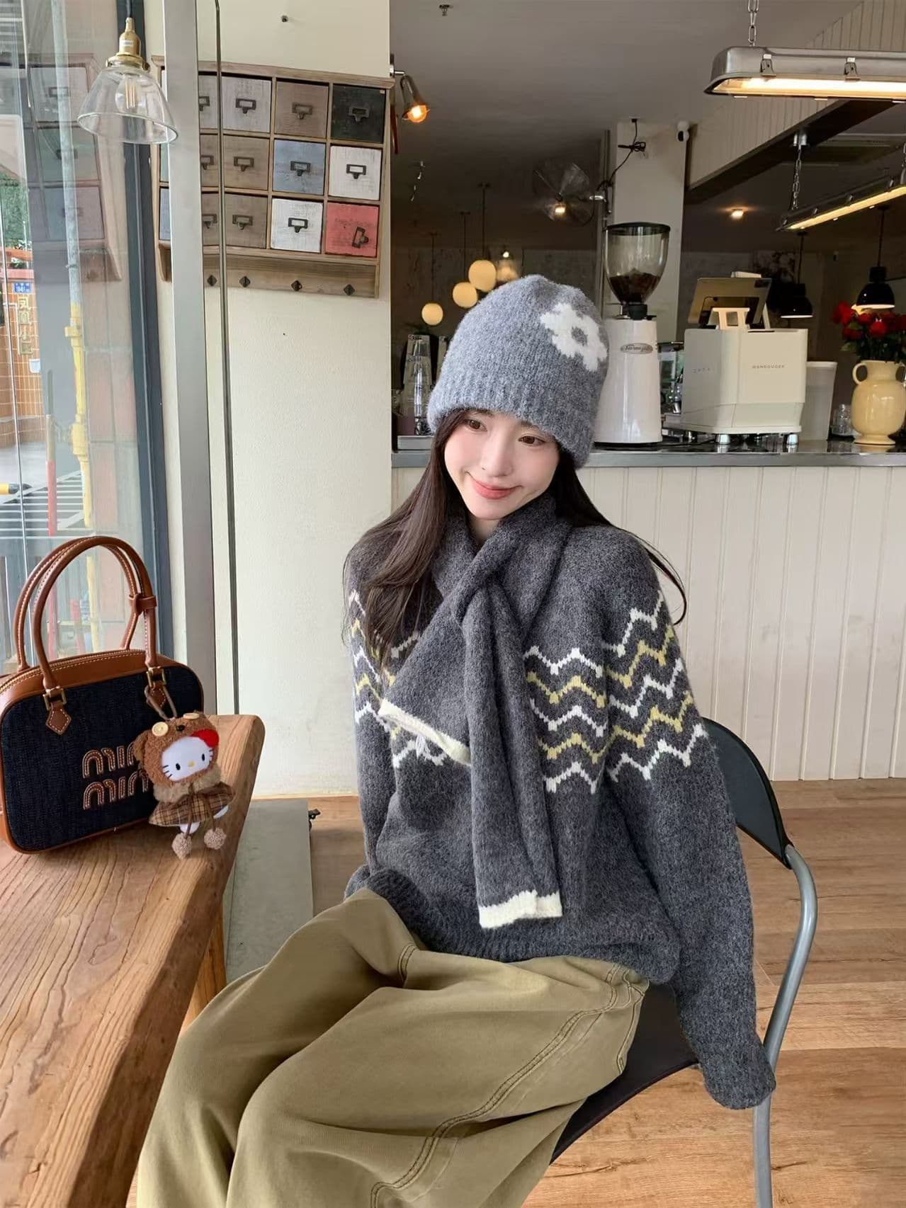가을 겨울 한국 스타일 루즈핏 연령 감소 자카드 라운드 넥 공정한 섬 스웨터 두꺼운 인사이드 가져 가라. 니트 스웨터 여성 이미지 4