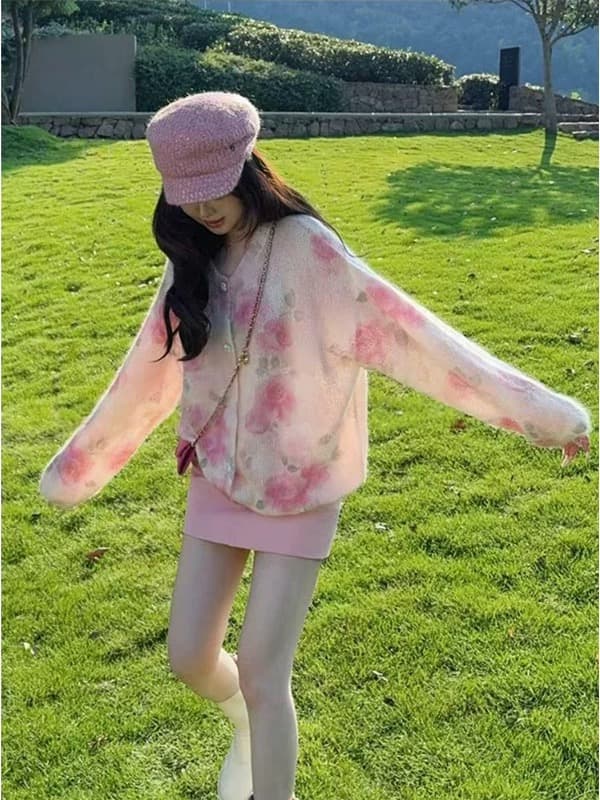 이른 가을 인기 한 부서 착용 가져 가라. 핑크색 꽃 스웨터 오픈 가디건 여성 가을 겨울 루즈핏 느긋한 바람 니트 재킷 맨위