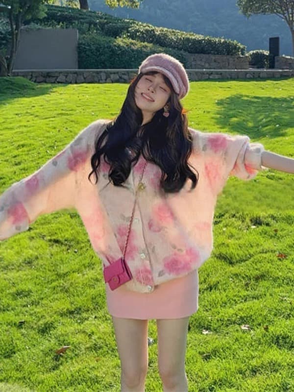 이른 가을 인기 한 부서 착용 가져 가라. 핑크색 꽃 스웨터 오픈 가디건 여성 가을 겨울 루즈핏 느긋한 바람 니트 재킷 맨위 상세 이미지 2