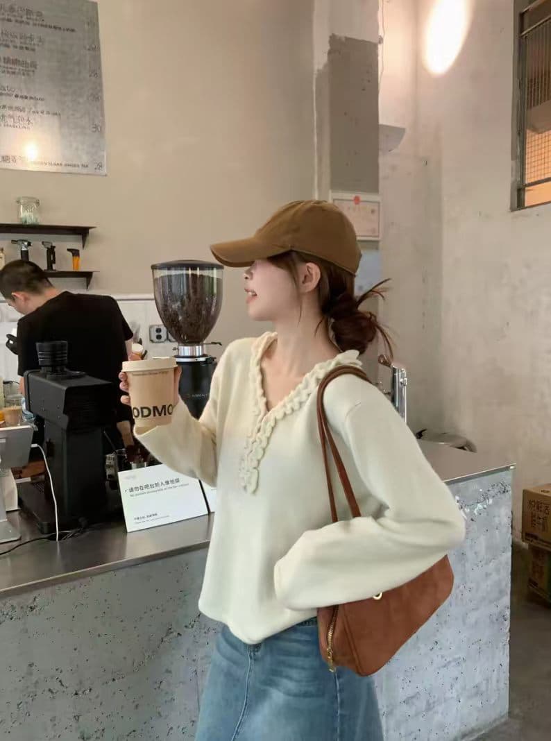 한 부서 프릴 V넥 긴팔 니트 스웨터 여성 가을 착용 가져 가라. 작은 키 루즈핏 느긋한 바람 스웨터 맨위 상세 이미지 1