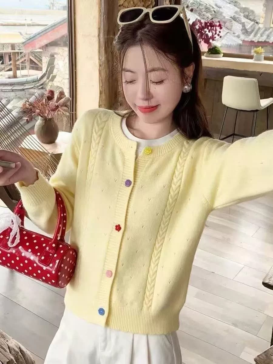 한 부서 Chic 단일 행 무지개 꽃 버클 라운드 넥 트위스트 꽃 니트 스웨터 오픈 가디건 여성 가을 겨울철 루즈핏 다용도 맨위 이미지 2