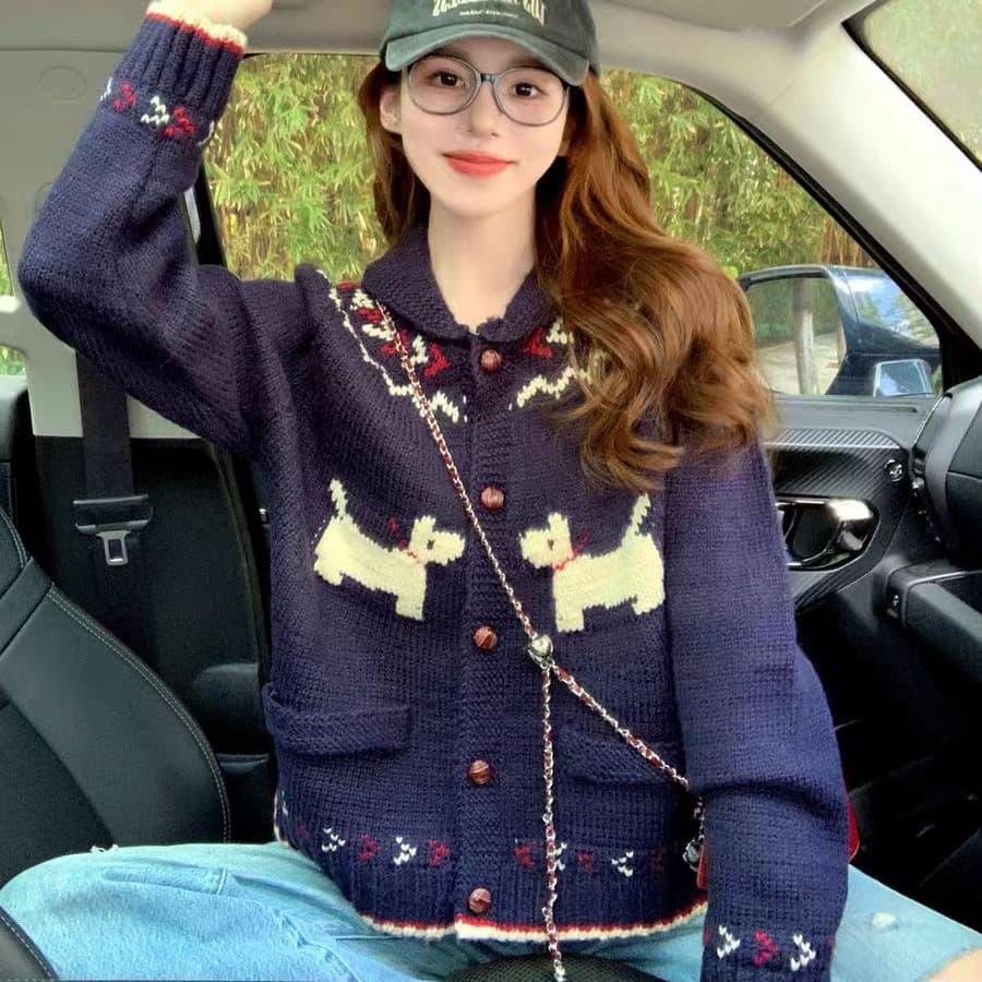 폴로 칼라 강아지 공정한 섬 스웨터 여성 코트 가을 겨울 2026 새로운 루즈핏 레트로 느긋한 바람 오픈 가디건 니트 스웨터 상세 이미지 5