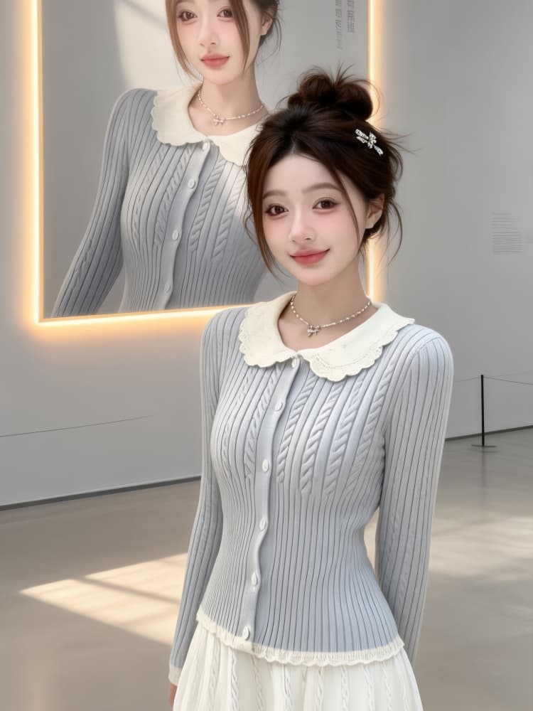 아메리칸 학원 스타일 니트 오픈 가디건 여성 가을 새로운 몸매 가꾸기 배색 페이크 레이어드 스웨터 코트 맨위 상세 이미지 3