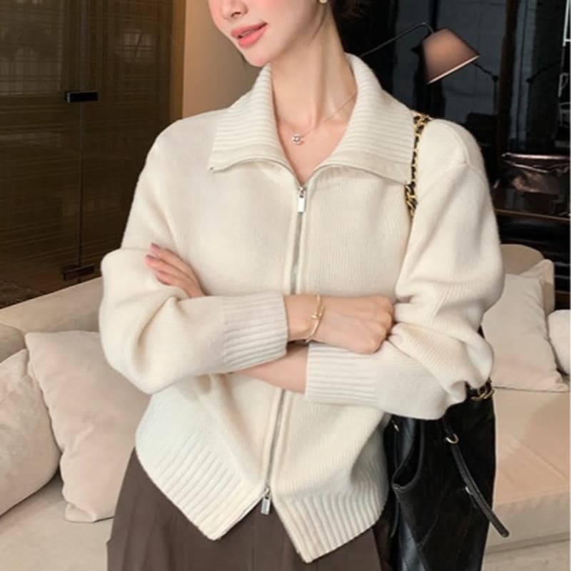 한 부서 니트 오픈 가디건 가을 겨울 빅 칼라 양방향 지퍼 단색 몸매 가꾸기 슬림해 보이는 느긋한 출퇴근 긴 소매 셔츠 이미지 5