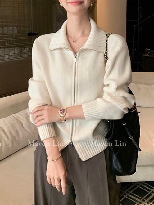 한 부서 니트 오픈 가디건 가을 겨울 빅 칼라 양방향 지퍼 단색 몸매 가꾸기 슬림해 보이는 느긋한 출퇴근 긴 소매 셔츠 상세 이미지 2