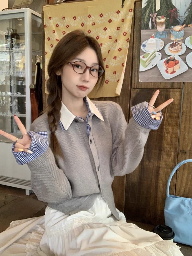 페이크 레이어드 셔츠 칼라 니트 스웨터 스웨터 여자 2026 년 열린 봄 착용 가져 가라. 허리 수축 맨위 상세 이미지 3