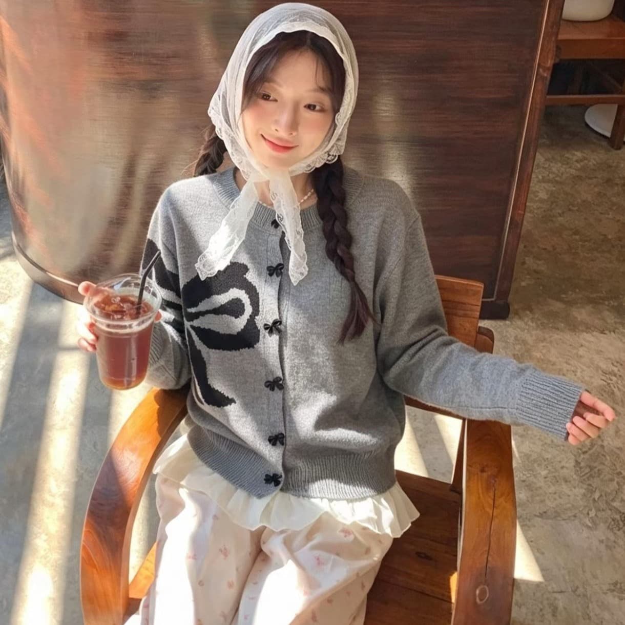 프랑스식 달콤함 나비 매듭 자카드 스웨터 여성 코트 이른 가을 새로운 루즈핏 프릴 패치워크 니트 오픈 가디건 이미지 2