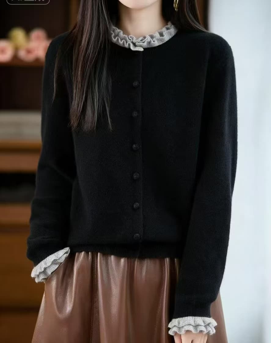 순양모 오픈 가디건 여성 프릴 라운드 넥 스웨터 배색 페이크 레이어드 재킷 스택 착용 니트 플러시 셔츠 외부 가져 가라. 이미지 2