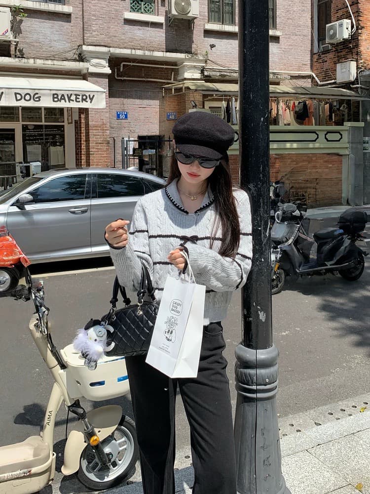 가을 겨울 작은 키 가을 겨울 새로운 회색 맨위 여성 디자인 센스 나비 매듭 달콤함 패치워크 오픈 가디건 스웨터 이미지 4
