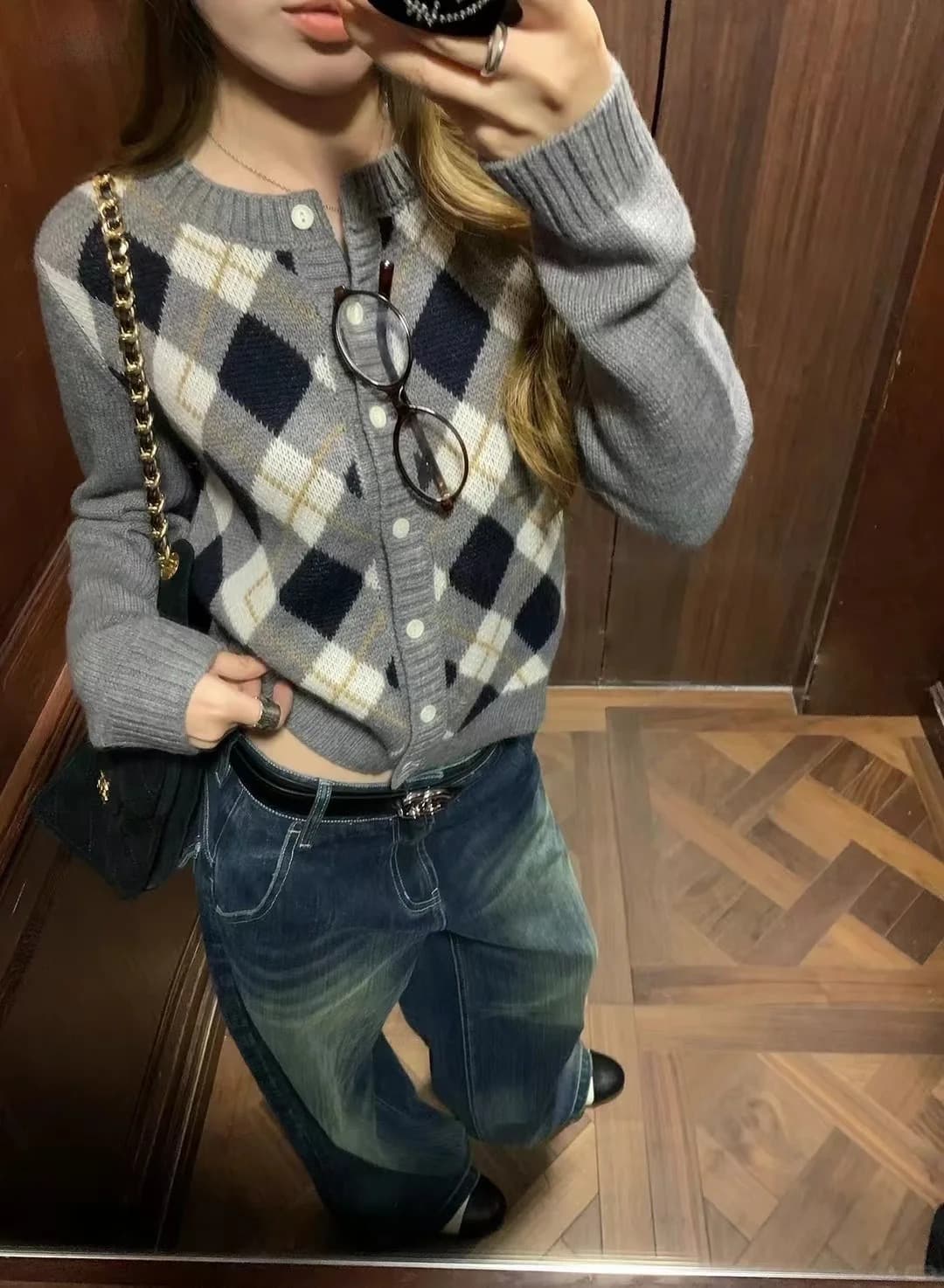 레트로 학원 스타일 링 그리드 회색 스웨터 오픈 가디건 여성 코트 한 부서 느긋한 바람 다용도 니트 짧은 맨위 여성 상세 이미지 14