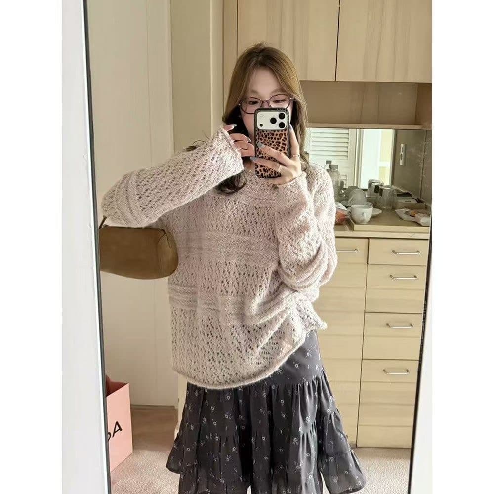 im ~까지 서리 와일드 알고있다. 가을 모헤어 부드러운 바람 홀로우 아웃 자수 니트 블라우스 루즈핏 라운드 넥 느긋한 스웨터 상세 이미지 1