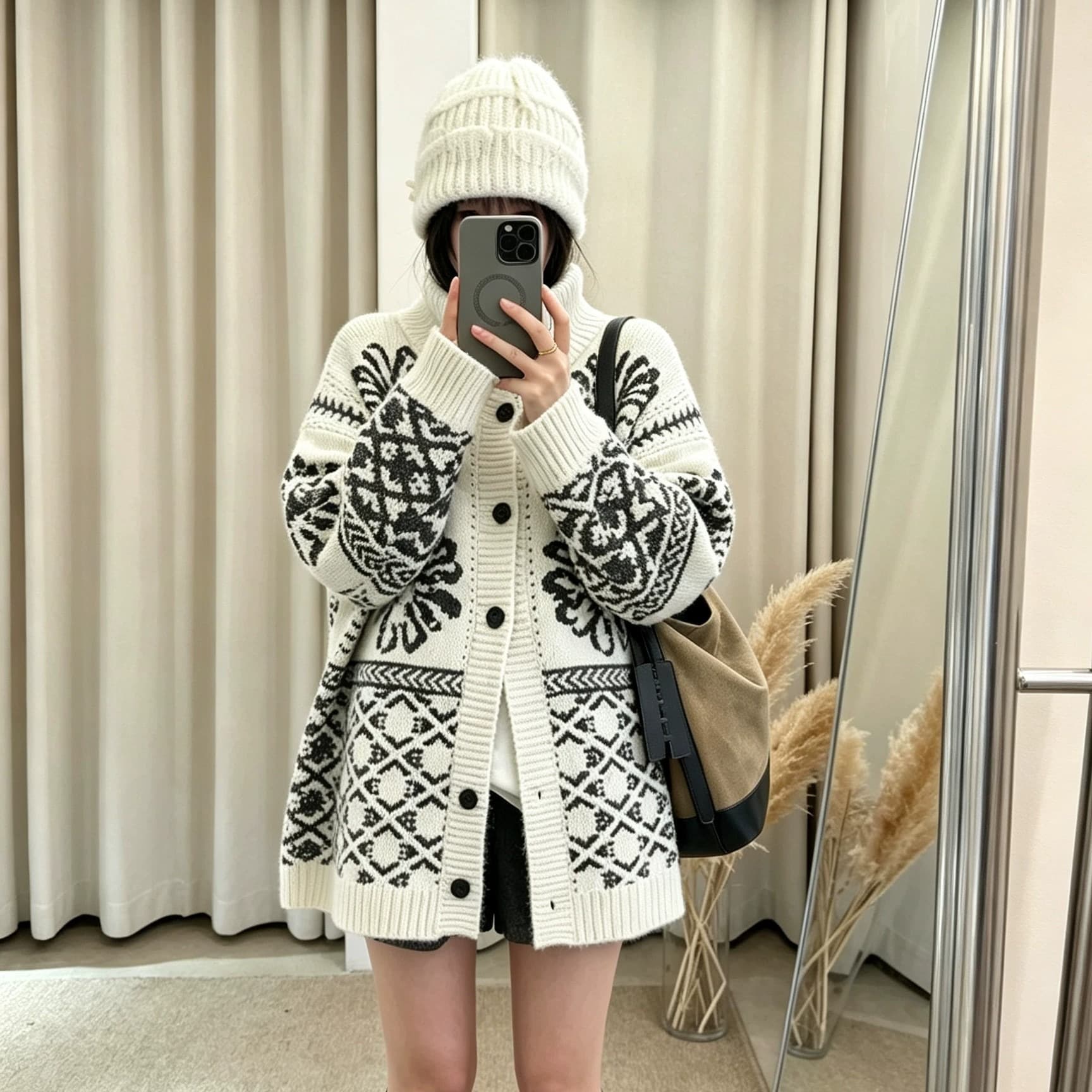 공정한 섬 자카드 반하이넥 폴로 칼라 두꺼운 빅 보드 종류 니트 오픈 가디건 가을 겨울 분위기 센스 루즈핏 스웨터 코트 이미지 5