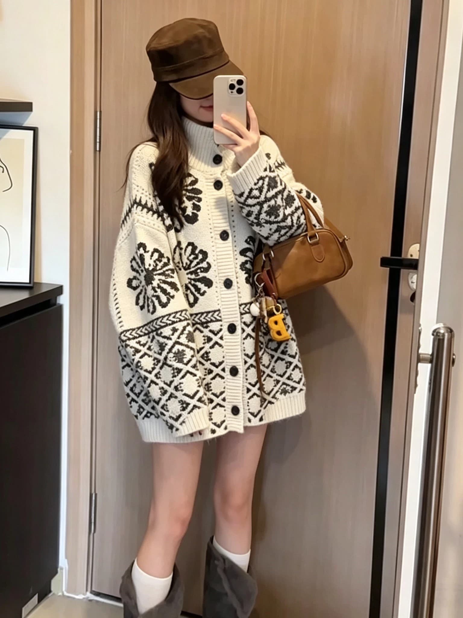 공정한 섬 자카드 반하이넥 폴로 칼라 두꺼운 빅 보드 종류 니트 오픈 가디건 가을 겨울 분위기 센스 루즈핏 스웨터 코트 상세 이미지 1