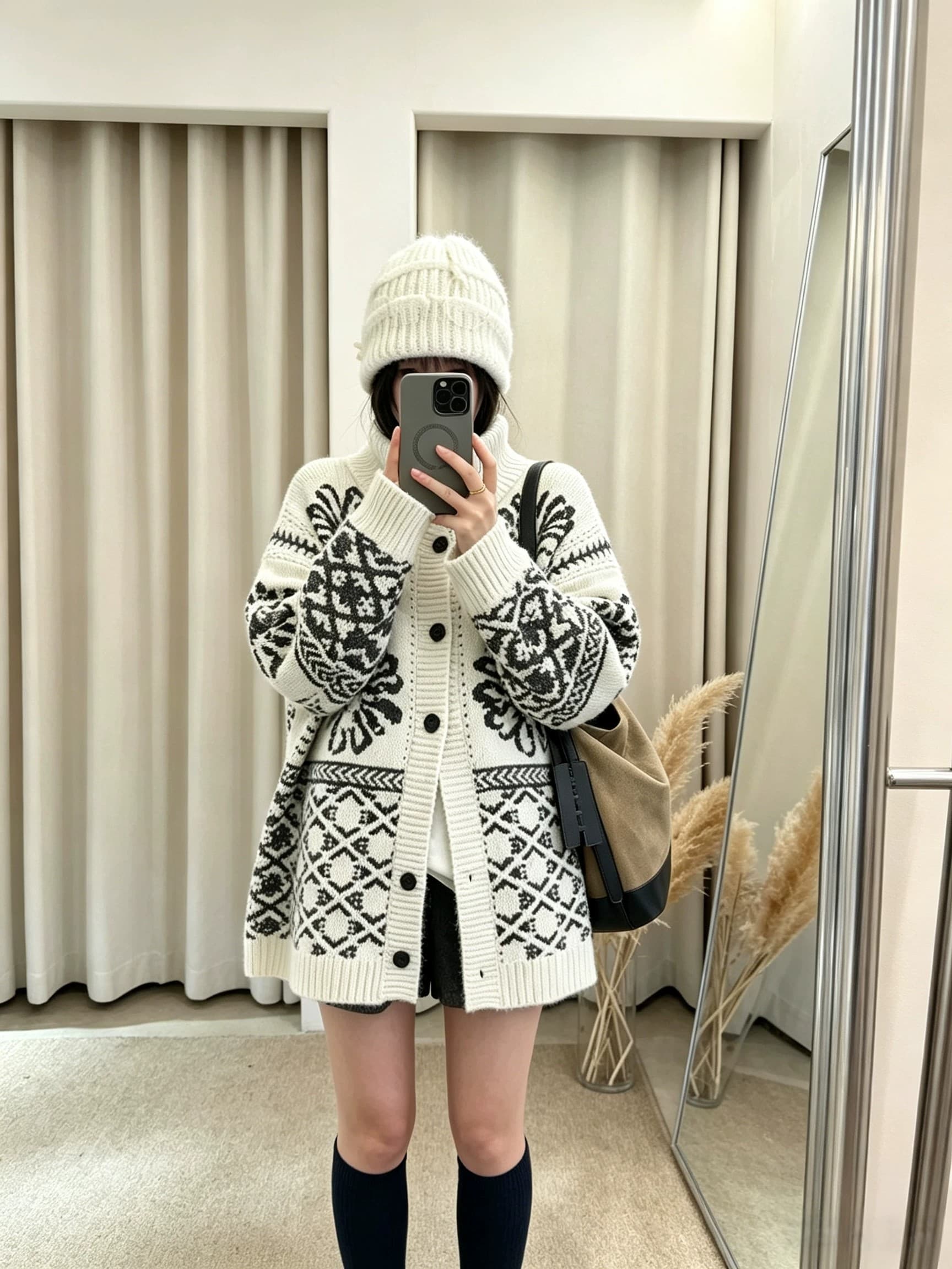공정한 섬 자카드 반하이넥 폴로 칼라 두꺼운 빅 보드 종류 니트 오픈 가디건 가을 겨울 분위기 센스 루즈핏 스웨터 코트 상세 이미지 4