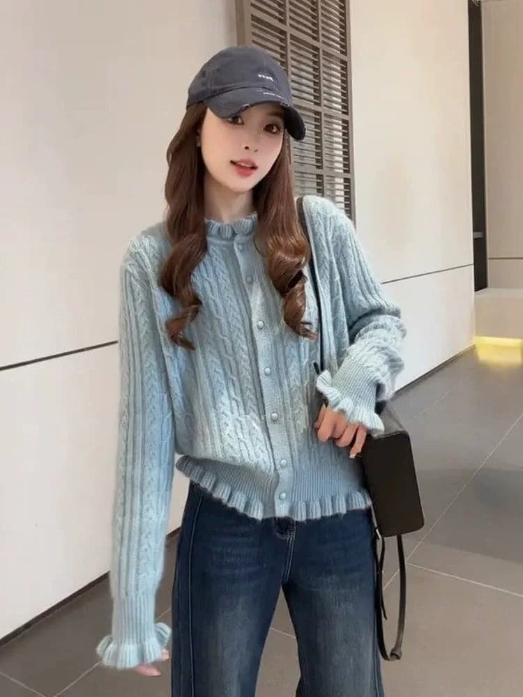 레트로 스타일 프릴 니트 오픈 가디건 여성 가을 겨울 디자인 센스 싱글 줄 버튼 부드러운 달콤함 연령 감소 다용도 스웨터 트렌디 상세 이미지 6
