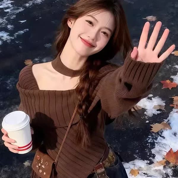 자이언트 잘 생긴 ~ 중 레트로 아름다움 라드. 긴팔 니트 스웨터 여성 품격 작은 대중 세련된 연령 감소 불규칙 슬림해 보이는 맨위