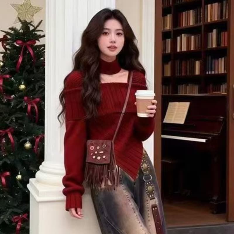 브라운 오프숄더 스웨터 여자 2026 년 겨울 한 부서 chic 고유 한 아름다운 불규칙 디자인 센스 맨위