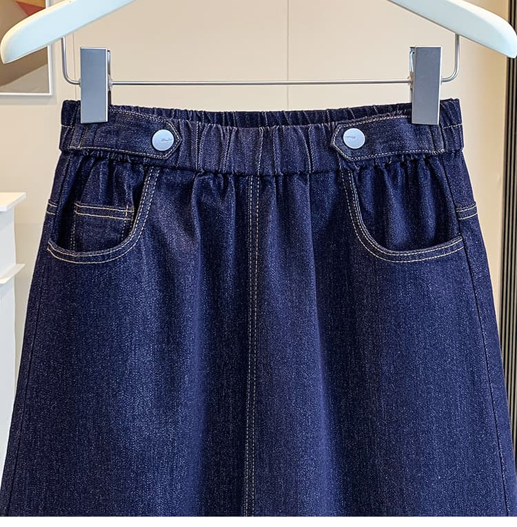 실사 이른 가을 여름 섹션 지방 mm 빅 사이즈 여성 의류 허리밴드 데님 빅 플레어 스커트 반신 롱 코트 치마 루즈핏 A라인 스커트 상세 이미지 9