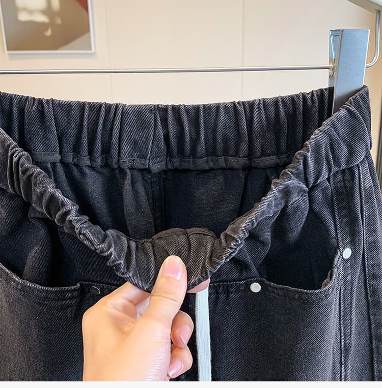 실사 가을 검정색 허리밴드 빅 사이즈 청바지 여성 지방 mm 와이드 에디션 표지 고기 슬림해 보이는 스트레이트 바닥 청소 바지 상세 이미지 13