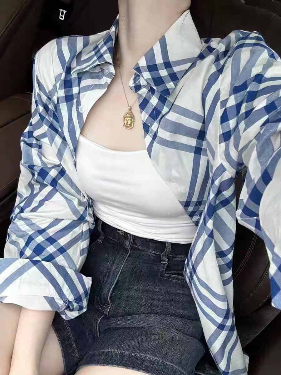 새로운 블루 화이트 스트라이프 셔츠 여성 레저 루즈핏 작은 키 착용 가져 가라. 슈퍼 요정 외부 가져 가라. 오픈 가디건 셔츠 재킷 이미지 2