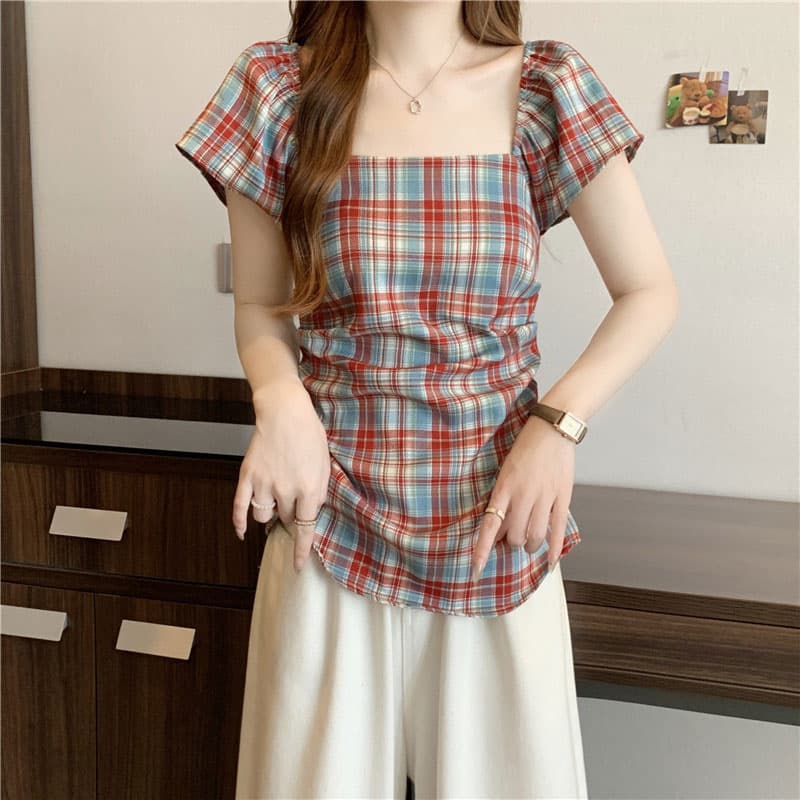 원본 순면 원단 긍정적 인 어깨 광장 칼라 체크무늬 반팔 여성 셔츠 여름 새로운 몸매 가꾸기 허리 수축 맨위 이미지 3