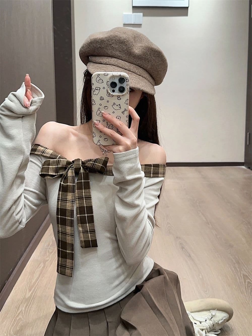 봄 리브 De 플러시 달콤한 핫걸 체크무늬 패치워크 오프숄더 티셔츠 여성 연령 감소 나비 매듭 몸매 가꾸기 맨위 외부 싱글 폭발 상세 이미지 26