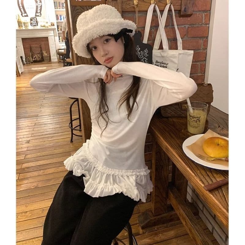 모달 사람들 면 발레 바람 레이스 레이스 긴팔 티셔츠 빅 사이즈 여성 몸매 가꾸기 기본 셔츠 맨위 한국 대외 무역 이미지 3