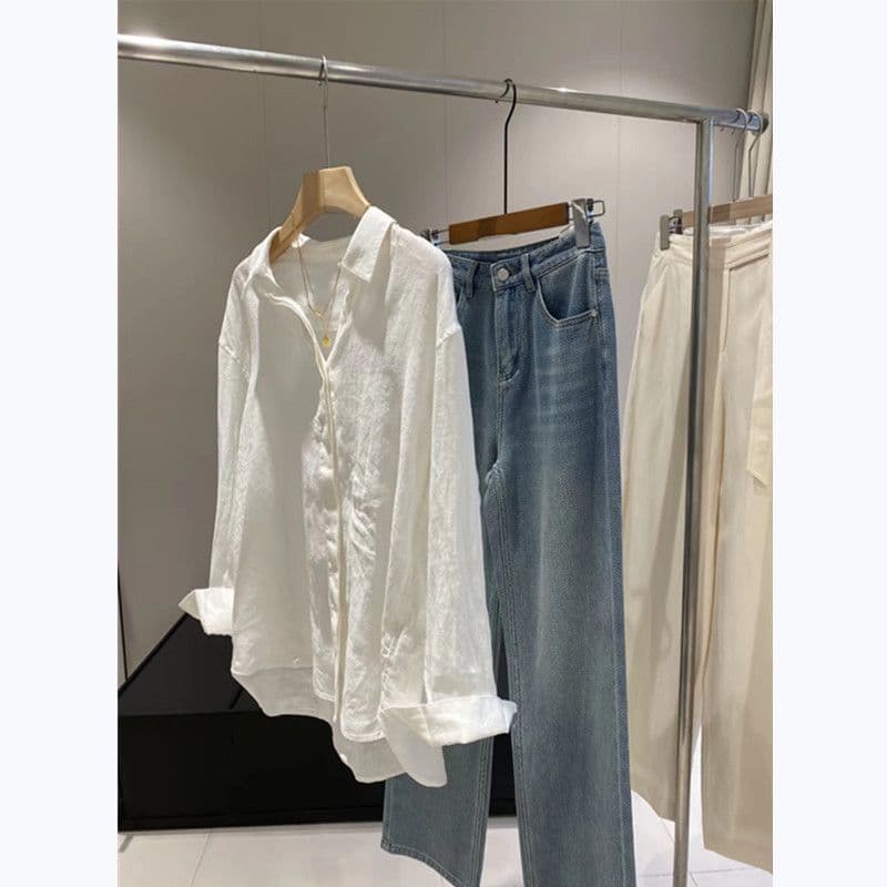 화이트 아마 여성 셔츠 여름 얇은 스타일 루즈핏 오래된 돈 바람 품격 면 린넨 셔츠 외부 가져 가라. 자외선 차단 긴팔 맨위 이미지 2