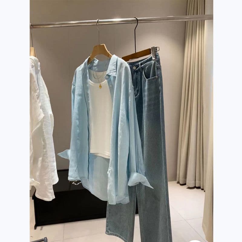 화이트 아마 여성 셔츠 여름 얇은 스타일 루즈핏 오래된 돈 바람 품격 면 린넨 셔츠 외부 가져 가라. 자외선 차단 긴팔 맨위 이미지 3