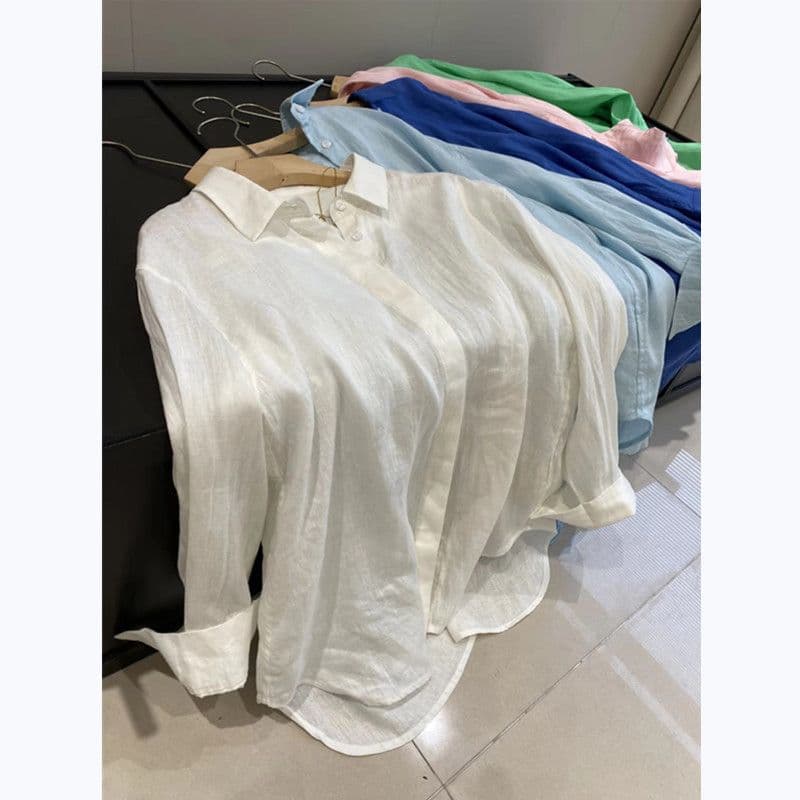 화이트 아마 여성 셔츠 여름 얇은 스타일 루즈핏 오래된 돈 바람 품격 면 린넨 셔츠 외부 가져 가라. 자외선 차단 긴팔 맨위 이미지 4