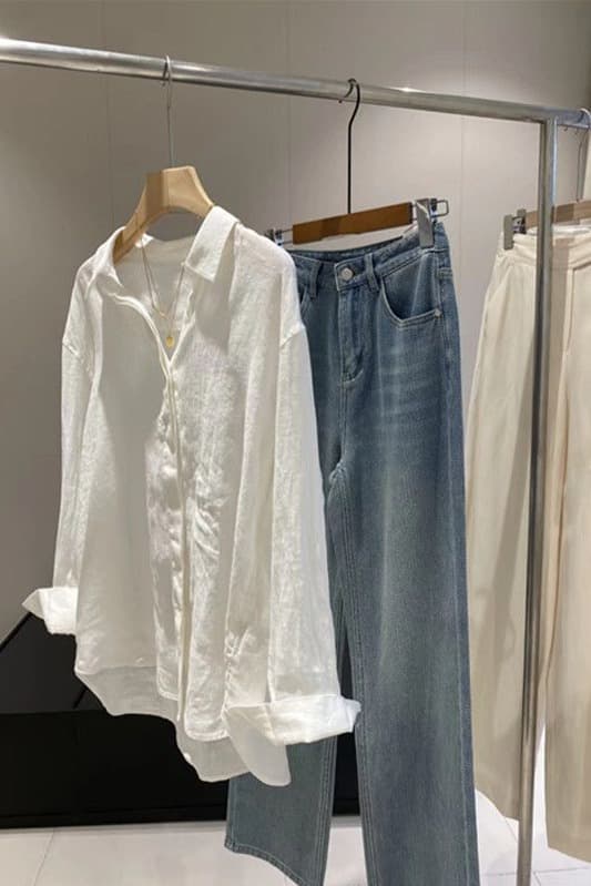 화이트 아마 여성 셔츠 여름 얇은 스타일 루즈핏 오래된 돈 바람 품격 면 린넨 셔츠 외부 가져 가라. 자외선 차단 긴팔 맨위 이미지 6