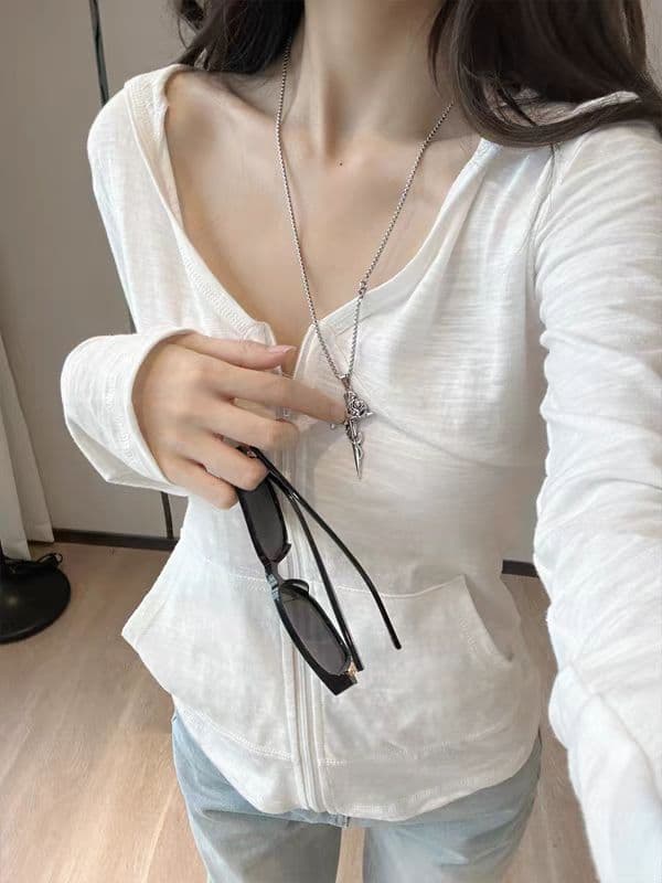 순수한 욕망 바람 miu 부서 화이트 후드 지퍼 자외선 차단 얇은 스타일 재킷 오픈 가디건 여성 봄 2026 긴팔 티셔츠 맨위 이미지 4