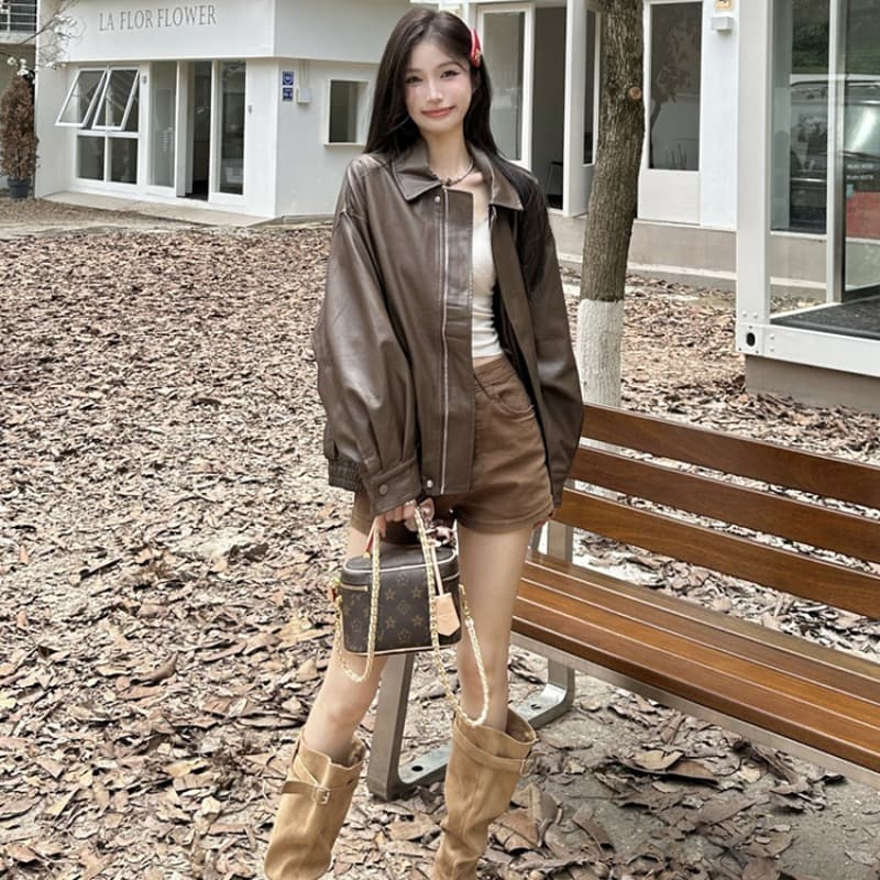 레트로 아메리칸 커피 색상 가죽 재킷 재킷 여성 코트 가을 검정색 달콤한 차가운 바람 오토바이 PU 가죽 루즈핏 긴팔 맨위 이미지 3