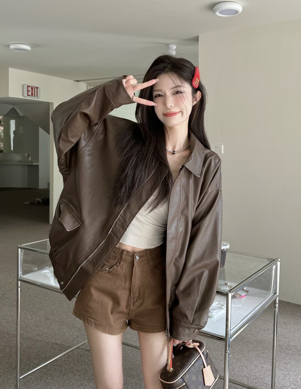 레트로 아메리칸 커피 색상 가죽 재킷 재킷 여성 코트 가을 검정색 달콤한 차가운 바람 오토바이 PU 가죽 루즈핏 긴팔 맨위 상세 이미지 7
