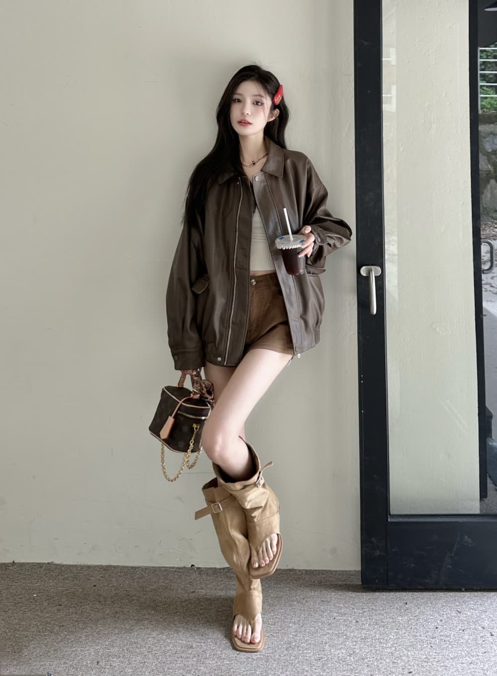 레트로 아메리칸 커피 색상 가죽 재킷 재킷 여성 코트 가을 검정색 달콤한 차가운 바람 오토바이 PU 가죽 루즈핏 긴팔 맨위 상세 이미지 13