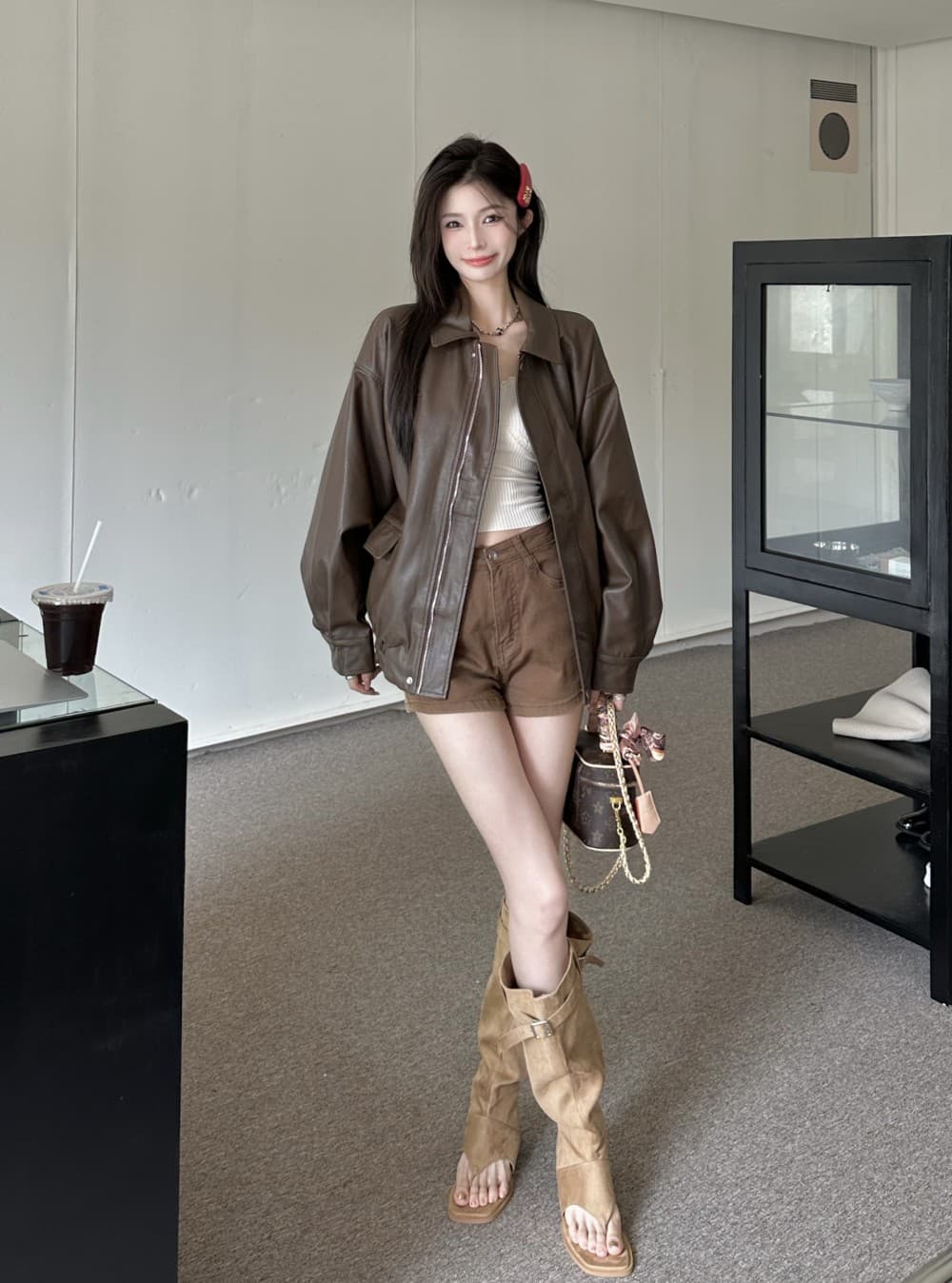 레트로 아메리칸 커피 색상 가죽 재킷 재킷 여성 코트 가을 검정색 달콤한 차가운 바람 오토바이 PU 가죽 루즈핏 긴팔 맨위 상세 이미지 17