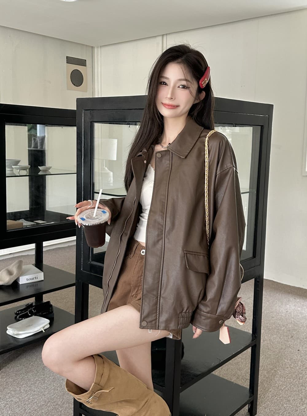 레트로 아메리칸 커피 색상 가죽 재킷 재킷 여성 코트 가을 검정색 달콤한 차가운 바람 오토바이 PU 가죽 루즈핏 긴팔 맨위 상세 이미지 18