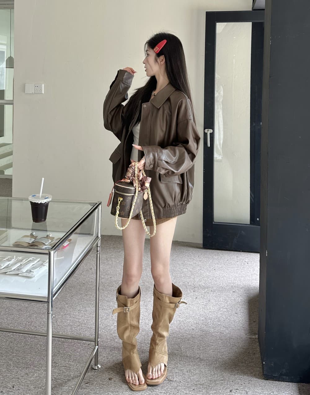 레트로 아메리칸 커피 색상 가죽 재킷 재킷 여성 코트 가을 검정색 달콤한 차가운 바람 오토바이 PU 가죽 루즈핏 긴팔 맨위 상세 이미지 20