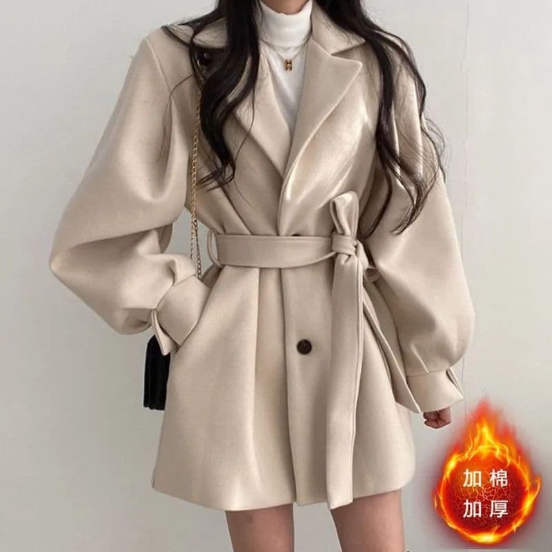 두꺼운 한국 스타일 가을 겨울 의류 스트랩 품격 작은 키 정장 칼라 그는 벤 바람을 피우다 롱 코트 모직 여성 코트 재킷 이미지 3