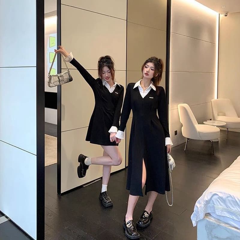 프랑스식 패치워크 봄 가을 새로운 슬림해 보이는 작은 대중 디자인 센스 셔츠 칼라 작은 검은 드레스 품격 여성의 아파트 꿀 점프 슈트 롱 스커트 여성 이미지 5