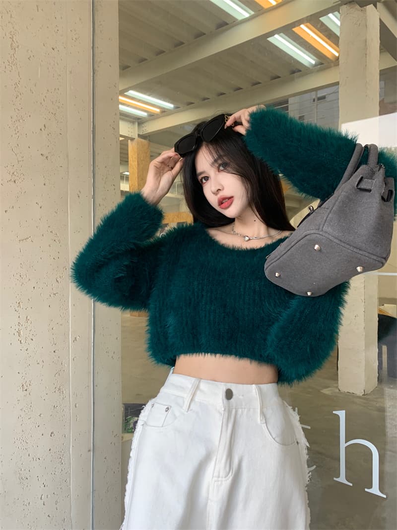 모방 밍크 울 V넥 보라색 스웨터 여자 봄 가을 순수한 욕망 핫걸 섹시함 오프숄더 맨위 인사이드 가져 가라. 니트 기본 셔츠 상세 이미지 11