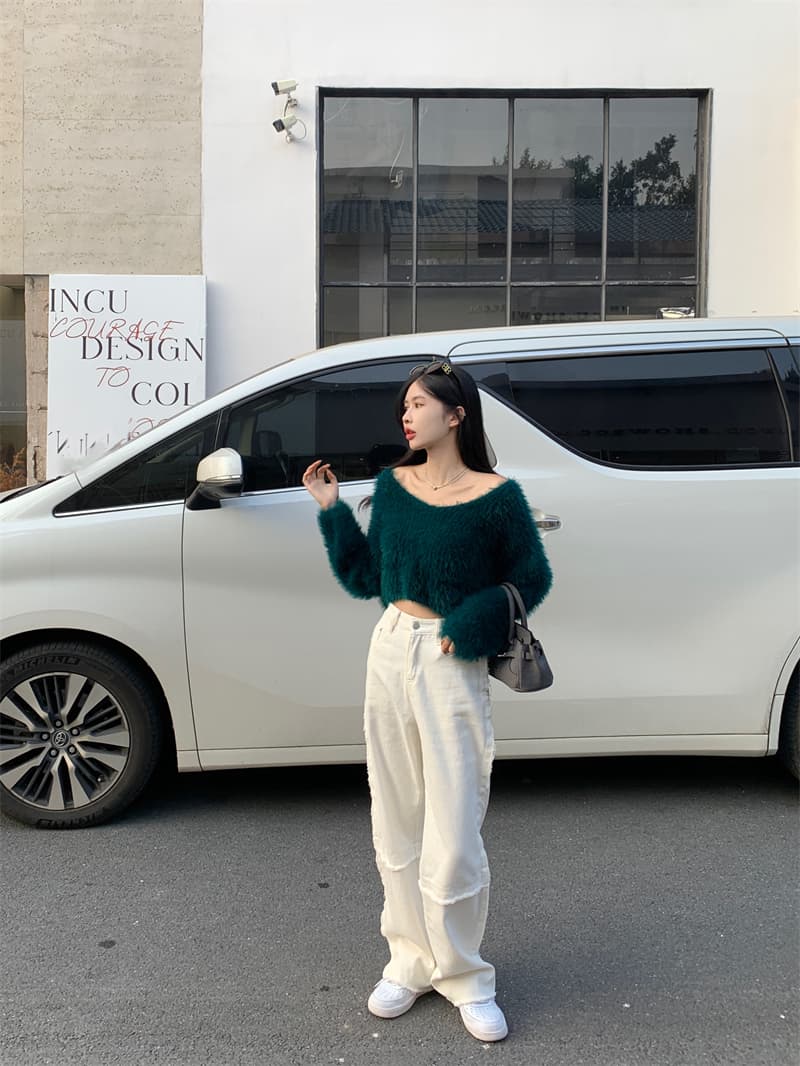 모방 밍크 울 V넥 보라색 스웨터 여자 봄 가을 순수한 욕망 핫걸 섹시함 오프숄더 맨위 인사이드 가져 가라. 니트 기본 셔츠 상세 이미지 12