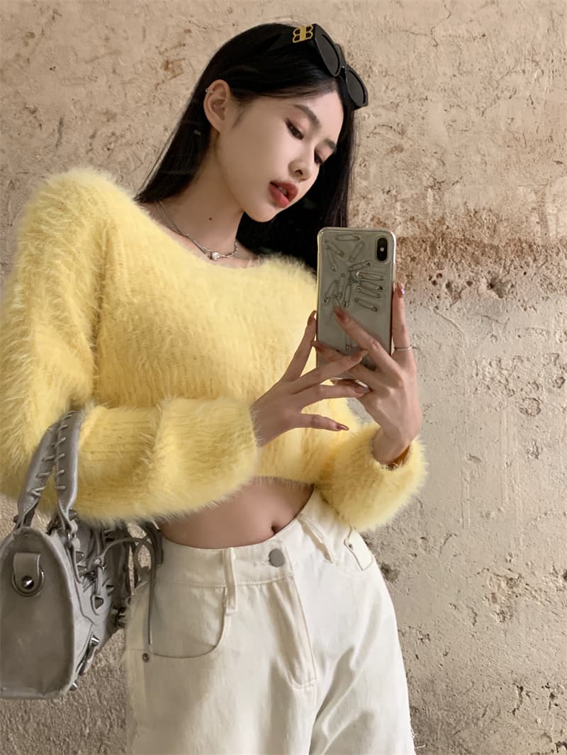 모방 밍크 울 V넥 보라색 스웨터 여자 봄 가을 순수한 욕망 핫걸 섹시함 오프숄더 맨위 인사이드 가져 가라. 니트 기본 셔츠 상세 이미지 13