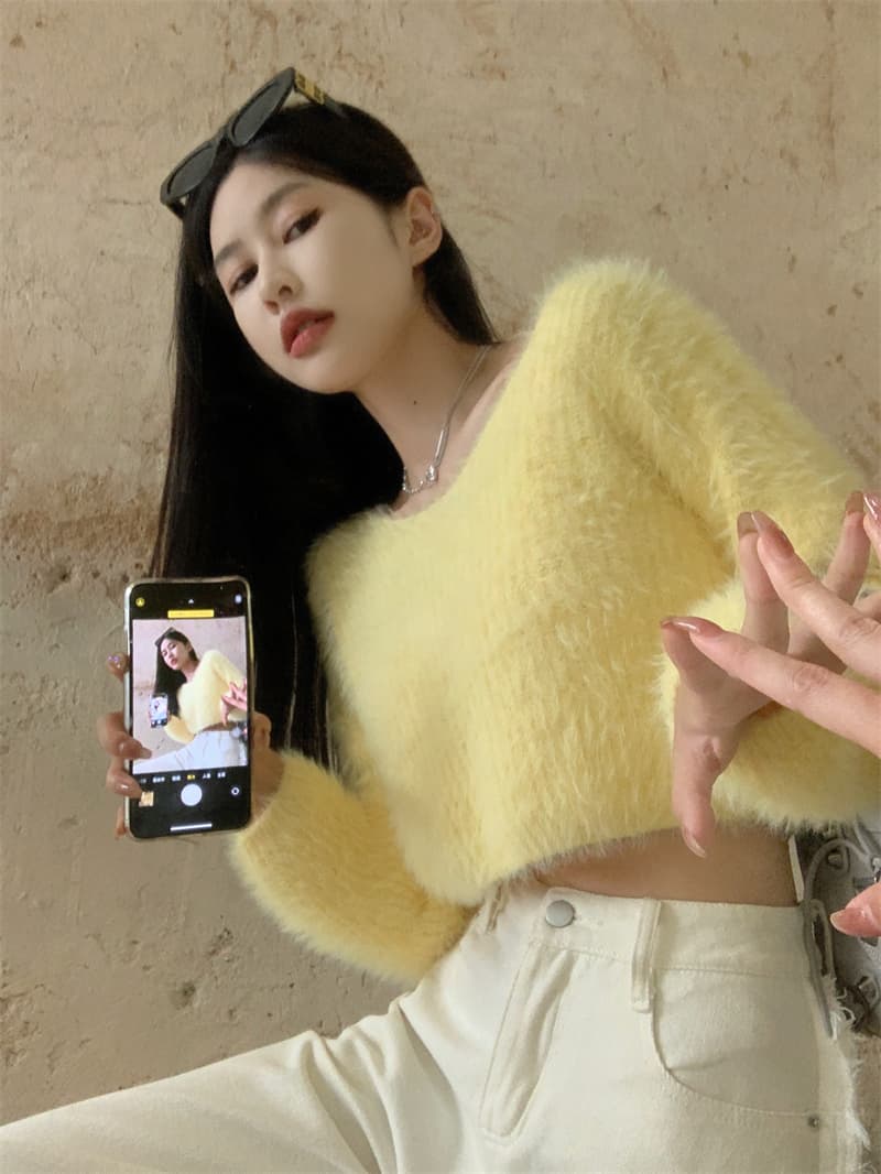 모방 밍크 울 V넥 보라색 스웨터 여자 봄 가을 순수한 욕망 핫걸 섹시함 오프숄더 맨위 인사이드 가져 가라. 니트 기본 셔츠 상세 이미지 15